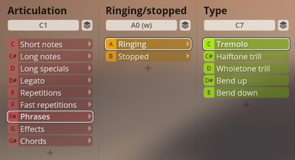 User interface for Studio Concert Guitar articulation settings showing options for short notes, long notes, legato, repetitions, phrases, ringing, stopped, tremolo, and trills.