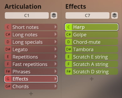 Software interface showing Articulation and Effects menus for plucked instruments, with options like Short notes, Long notes, Legato, Harp, Golpe, and Scratch string.
