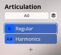 Screenshot of the Articulation menu in Vienna Symphonic Library software, showing options for Regular and Harmonics string articulations.