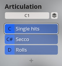 Interface showing three articulation options from Vienna Symphonic Library: C Single hits, C# Secco, and D Rolls.