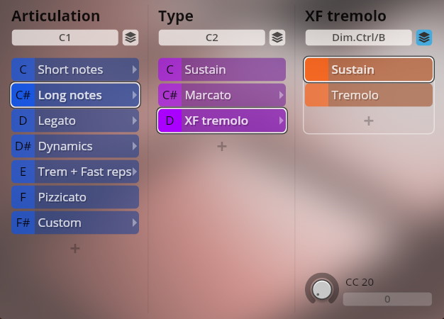 Screenshot of the Vienna Symphonic Library Studio Special Editions user interface showing articulation, type, and XF tremolo settings, including Long notes and XF tremolo selected.