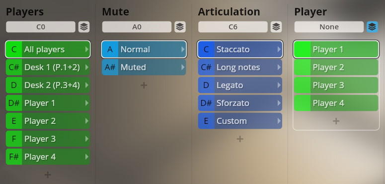 Vienna Symphonic Library virtual instrument user interface displaying player, mute, articulation, and player selection options, indicating sound customization for brass instruments.