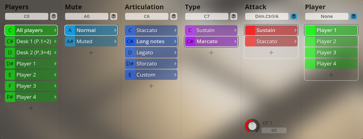Vienna Symphonic Library software interface showing sound settings for players, mute, articulation (staccato, long notes, legato, sforzato, custom), type (sustain, marcato), attack (sustain, staccato), and individual player controls, emphasizing Dimension Brass features.
