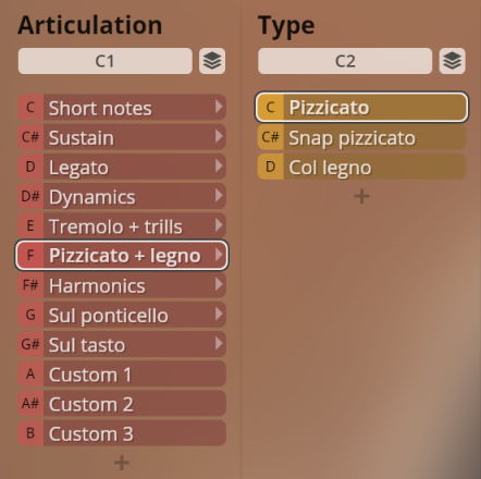 User interface displaying articulation types like Pizzicato, Legato, and Tremolo for Studio Solo Strings, used in digital audio workstations for string instrument control.