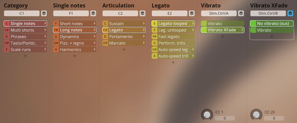 Virtual instrument interface displaying categories for solo strings, including single notes, articulation, legato, and vibrato controls like Legato looped, Vibrato xFade, and No vibrato (sus).