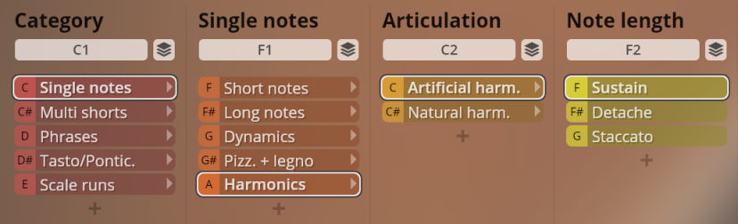 User interface with controls for selecting solo string instrument categories, single notes, articulation, and note length, displaying options like Single notes, Harmonics, Artificial Harmonics, and Sustain, suitable for music software or virtual instrument products.