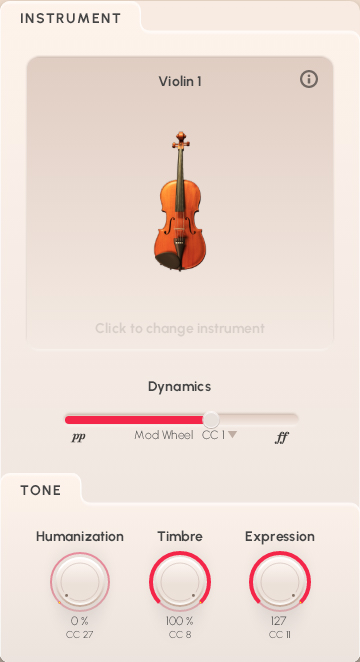 Violin 1 instrument selected with adjustable dynamics, humanization, timbre, and expression controls for Vienna Symphonic Library Synchron Solo Strings.