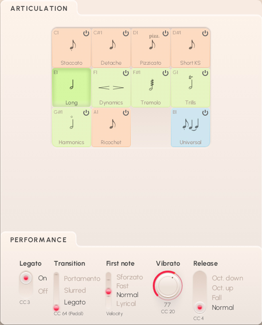 Vienna Symphonic Library Synchron Solo Strings articulation and performance settings interface, featuring options like Staccato, Pizzicato, Legato, Vibrato, and Dynamics.
