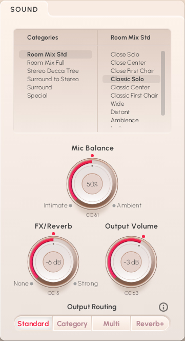 Vienna Symphonic Library Synchron Solo Strings interface showing sound categories, room mix options like Classic Solo, mic balance, FX reverb, and output volume controls.