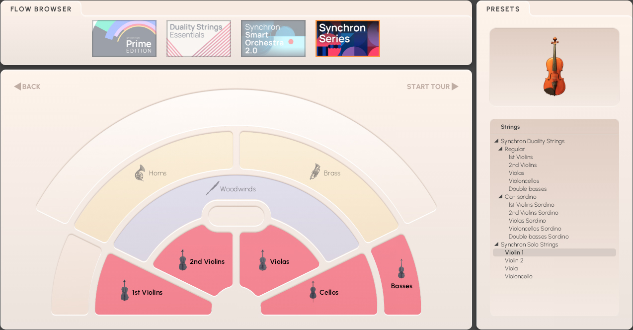 Visual interface of the Vienna Symphonic Library Synchron Series software, showing an orchestra seating arrangement with sections for Brass, Horns, Woodwinds, 1st Violins, 2nd Violins, Violas, Cellos, and Basses, alongside preset options for Synchron Duality Strings and Synchron Solo Strings.