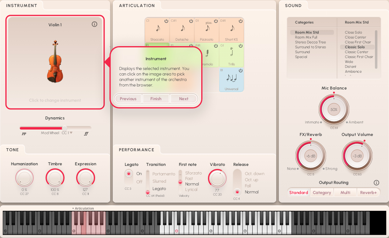 Vienna Symphonic Library's Synchron Solo Strings software interface featuring Violin 1 instrument selection, articulation controls like Staccato and Pizzicato, sound mixing options including mic balance and reverb, and performance parameters for legato and vibrato.