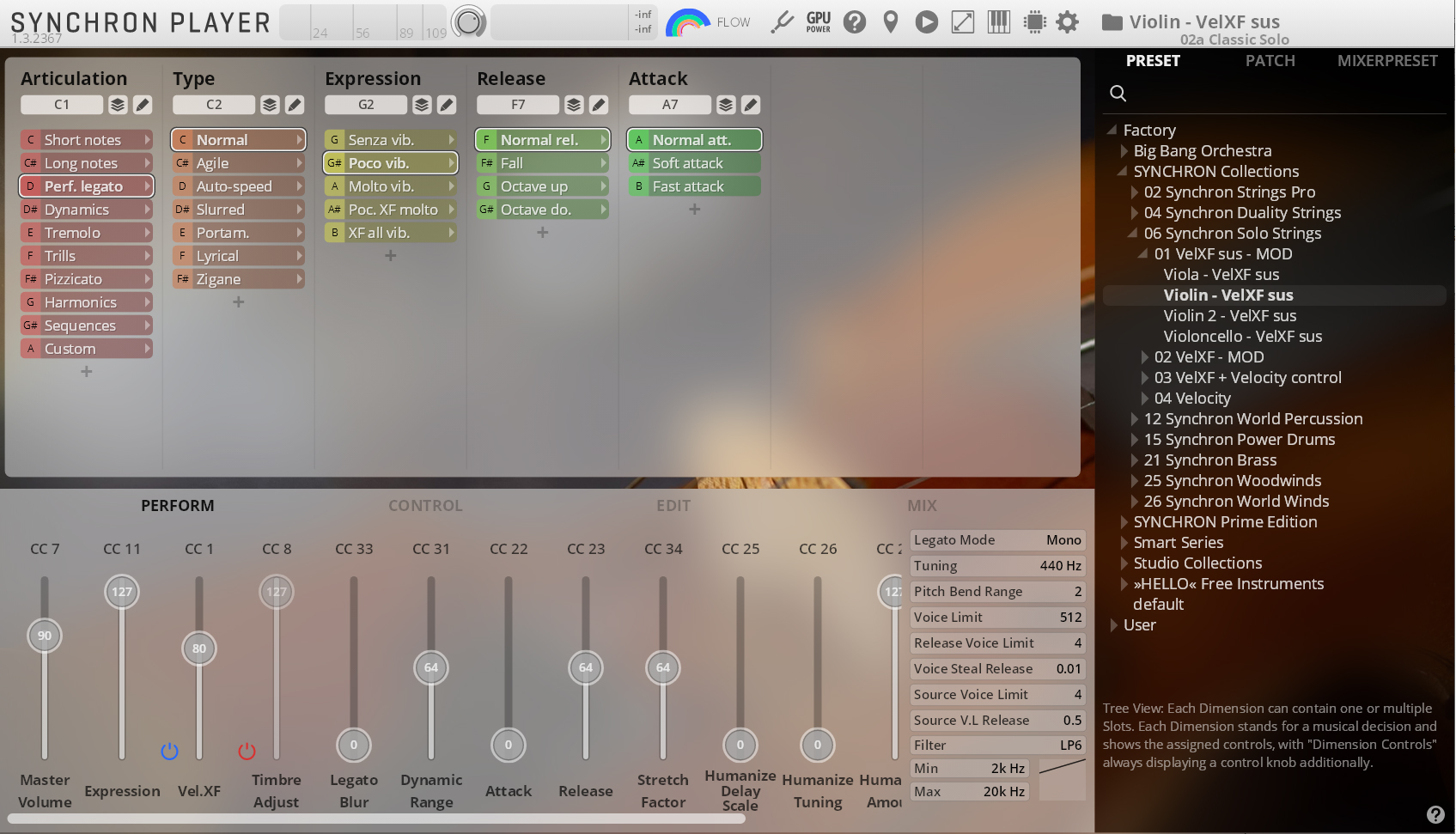 Vienna Symphonic Library Synchron Player software interface displaying violin instrument settings, articulation, expression, release, and attack controls, with 'Violin - VelXF sus' selected in the browser.