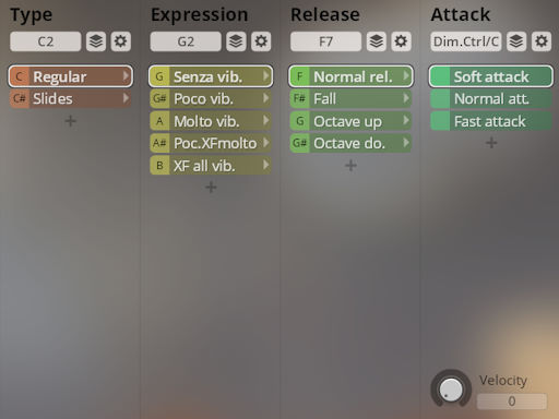 Vienna Symphonic Library Synchron Player interface showing parameters for Type, Expression, Release, and Attack, ideal for Solo Strings.