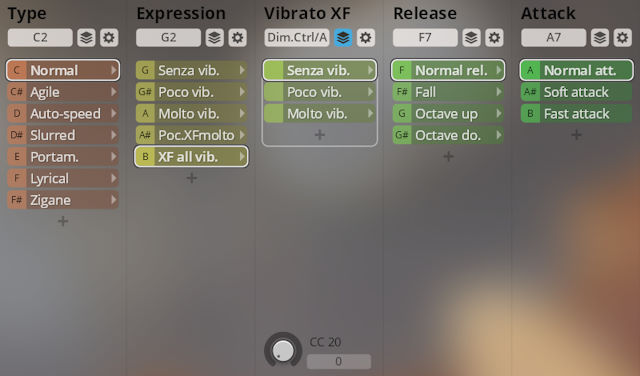 Screenshot of the Synchron Solo Strings interface showing clickable options for Type, Expression, Vibrato XF, Release, and Attack parameters.