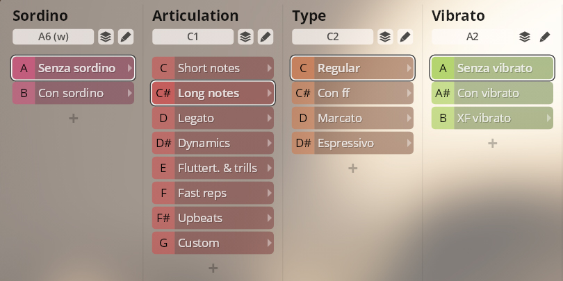 Graphical user interface for Vienna Symphonic Library Synchron Instruments showing dropdown menus for Sordino, Articulation, Type, and Vibrato settings, with Long notes and Senza vibrato selected representing sound adjustment options.