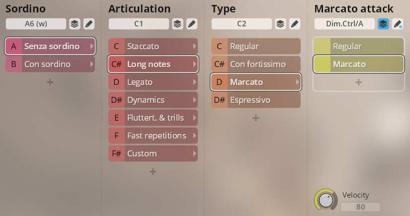 Vienna Symphonic Library Synchron Brass instrument interface showing Sordino, Articulation, Type, and Marcato attack settings. Long notes and Marcato options are highlighted.
