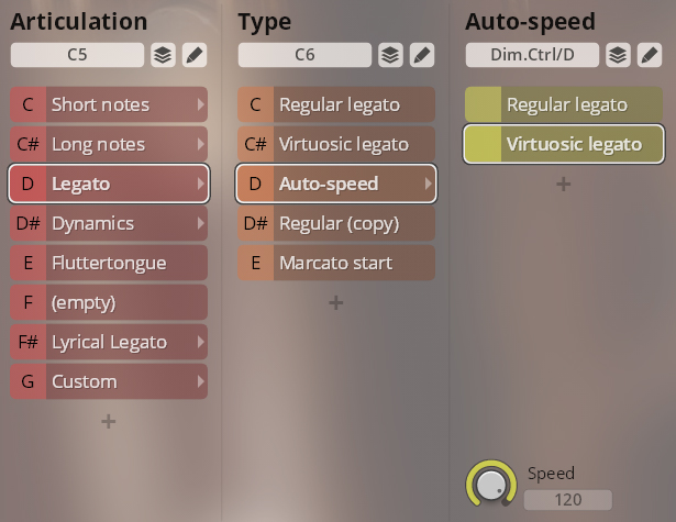 Screenshot of the Synchron Special Woodwinds interface, showing articulation, type, and auto-speed settings with Legato and Virtuosic legato options selected.
