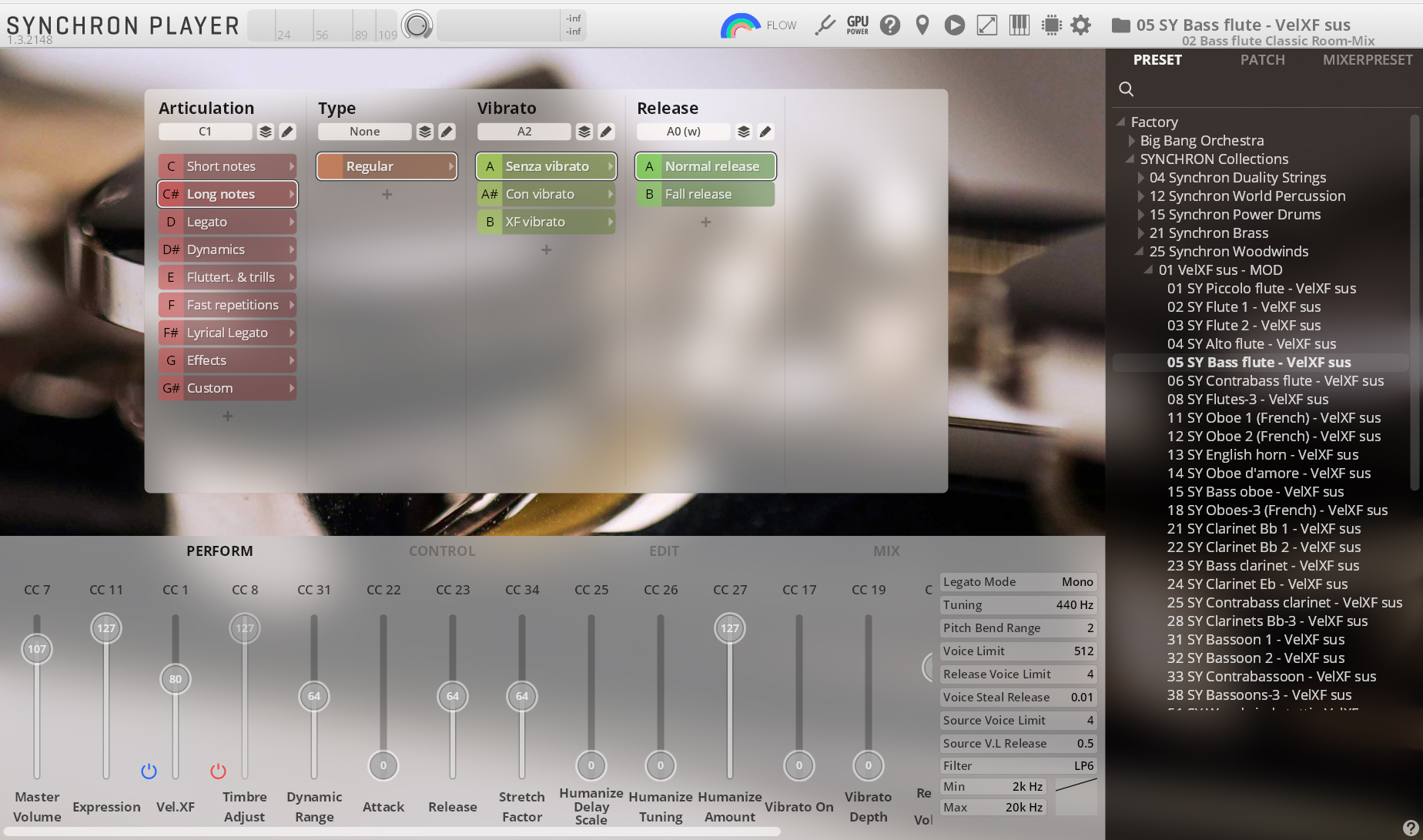 Synchron Player software interface displaying Bass flute settings for woodwind instruments, featuring articulation, vibrato, and release controls, alongside various audio parameters like volume, expression, and filtering options.