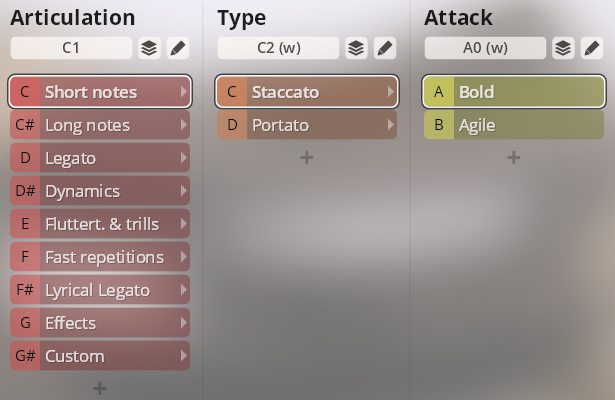 Musical software interface displaying woodwind articulation, type, and attack parameters like short notes, staccato, and bold.