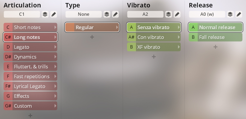 Screenshot of the Synchron Special Woodwinds virtual instrument interface showing articulation, type, vibrato, and release settings, with Long notes, Regular, Senza vibrato, and Normal release selected.