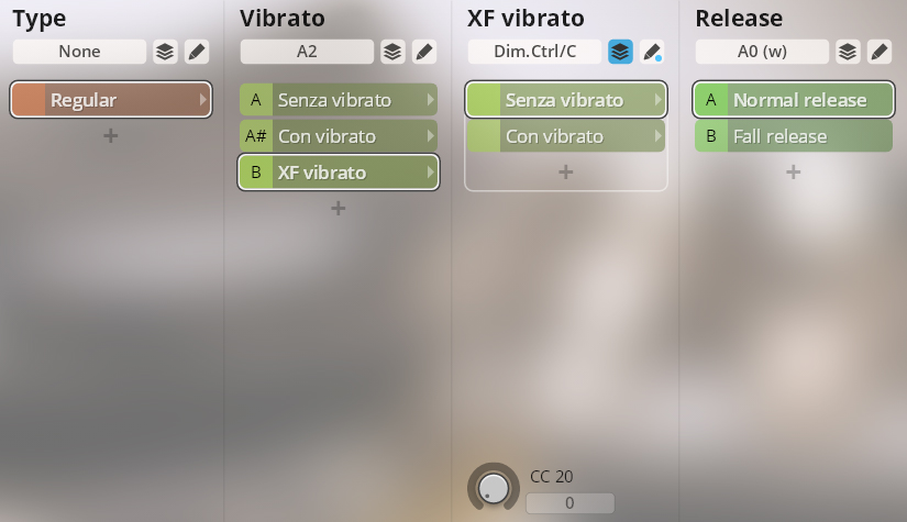 Digital audio workstation (DAW) interface showing sound parameters for Type (Regular), Vibrato (Senza, Con, XF), XF Vibrato (Senza, Con), and Release (Normal, Fall), with CC 20 knob.
