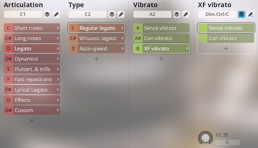 User interface displaying various options for instrument articulation, type, and vibrato, including Legato, Senza vibrato, and Con vibrato settings, from Synchron Special Woodwinds.
