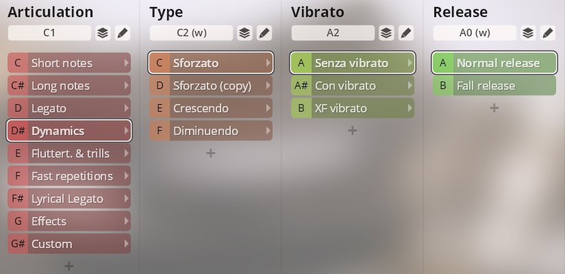 Screenshot of the Synchron Special Woodwinds virtual instrument interface, displaying articulation, type, vibrato, and release parameters.