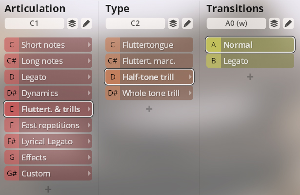 User interface for Synchron Special Woodwinds virtual instrument, showing control options for Articulation, Type, and Transitions, with Half-tone trill and Fluttert. & trills selected.