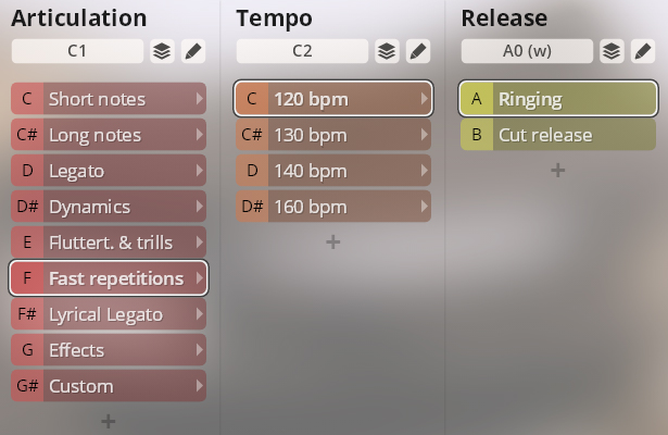 User interface for musical articulation, tempo, and release settings, showing options like Legato, 120 bpm, and Ringing.