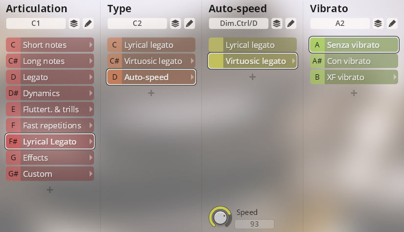 User interface for Synchron Special Woodwinds virtual instrument displaying articulation, type, auto-speed, and vibrato controls, with Lyrical Legato selected.