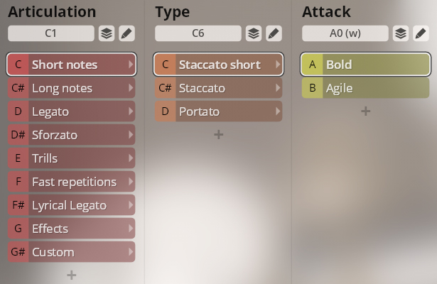 Software interface displaying instrument articulation, type, and attack selections like short notes, staccato, bold samples for Synchron Special Woodwinds.