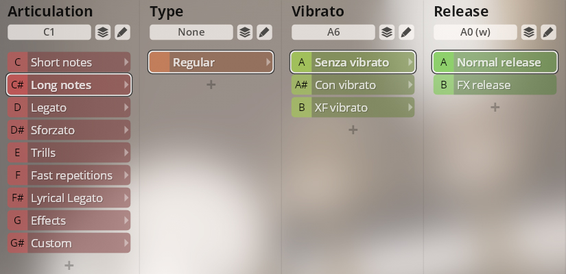 User interface showing articulation, type, vibrato, and release settings for Synchron Special Woodwinds, with Long notes, Regular, Senza vibrato, and Normal release selected.