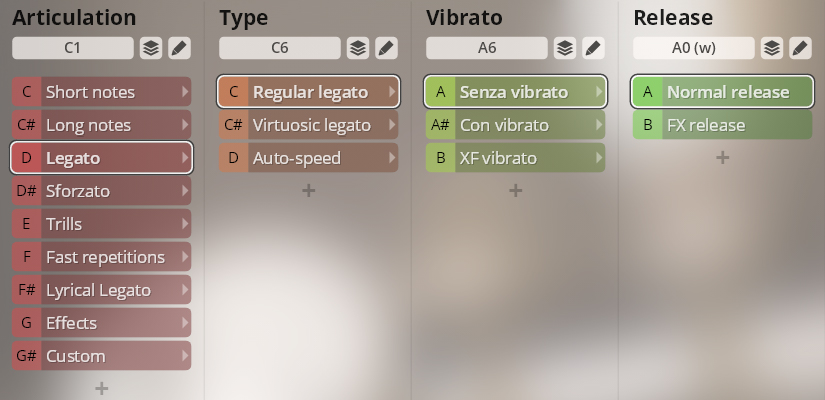 User interface showing sound articulation, type, vibrato, and release settings for Synchron Special Woodwinds, with Legato selected.