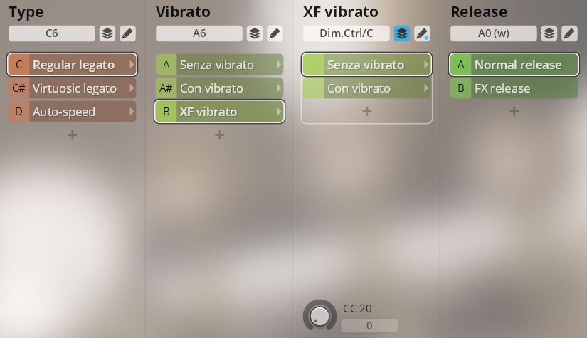 User interface showing options for Synchron Special Woodwinds, including Type, Vibrato, XF vibrato, and Release settings. Options like Regular legato, Senza vibrato, Con vibrato, and Normal release are visible.