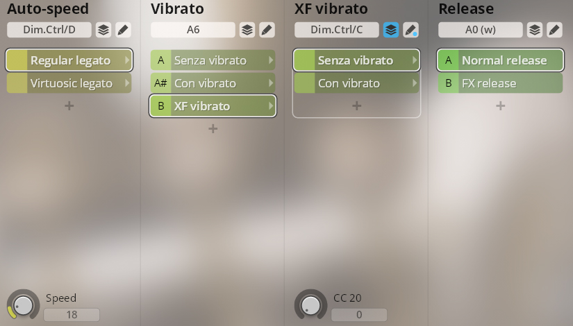 Screenshot of the Synchron Special Woodwinds audio interface, displaying controls for Auto-speed (Regular legato, Virtuosic legato), Vibrato (Senza vibrato, Con vibrato, XF vibrato), XF vibrato (Senza vibrato, Con vibrato), and Release (Normal release, FX release). Speed and CC 20 parameters are also visible.
