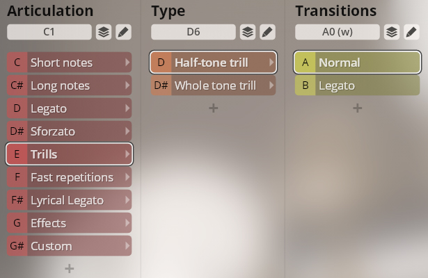 User interface showing sound articulation, type, and transition options for wind instrument samples, with Trills selected.