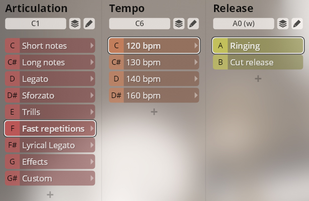 Software interface displaying sound library articulation, tempo, and release settings for musical instruments, specifically highlighting 'Fast repetitions' and 'Ringing' options.