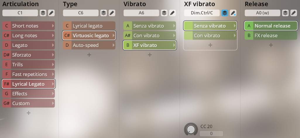 Software interface showing various parameters for musical articulation, type, vibrato, XF vibrato, and release settings, with Lyrical Legato and Virtuosic Legato highlighted.