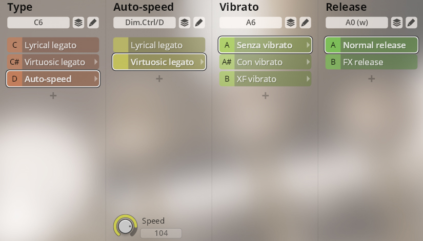 Software interface showing dropdown menus and selections for Type, Auto-speed, Vibrato, and Release parameters for Synchron Special Woodwinds, with options like Lyrical legato, Virtuosic legato, Senza vibrato, Con vibrato, Normal release, and FX release selected.