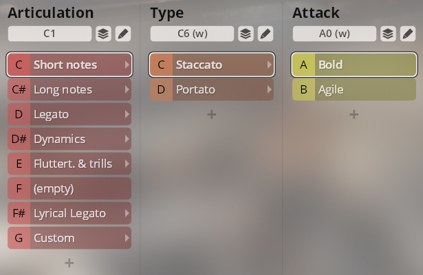 User interface with selectable options for musical articulation, type, and attack, featuring choices like Short notes, Staccato, and Bold.