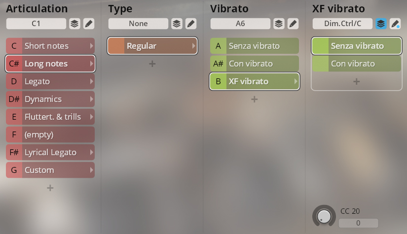 User interface showing sound articulation, type, and vibrato controls for Synchron Special Woodwinds virtual instruments, with Long notes and XF vibrato selected.