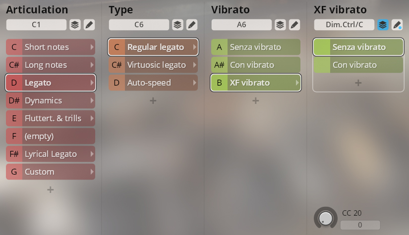 Software interface for Synchron Special Woodwinds, showing articulation options including Legato, vibrato settings, and CC20 control for virtual instrument parameters.
