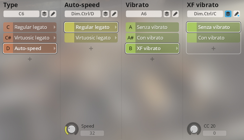 User interface displaying sound parameter controls for Type, Auto-speed, Vibrato, and XF vibrato settings, including options for legato and vibrato styles.