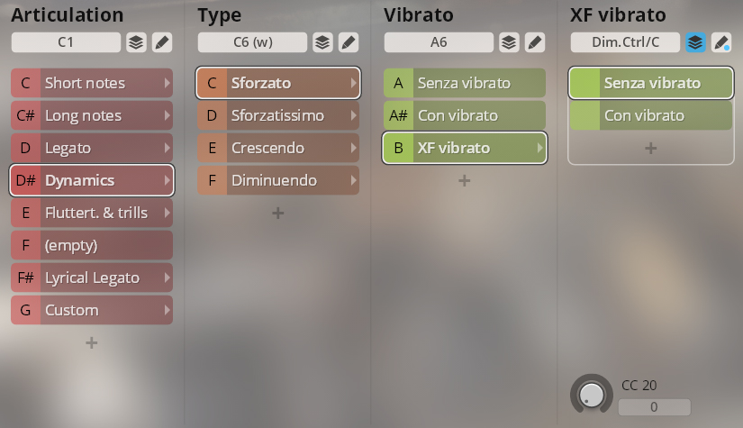 Vienna Synchron Special Woodwinds audio software interface displaying articulation, type, vibrato, and XF vibrato settings, highlighting Dynamics, Sforzato, and XF vibrato options.