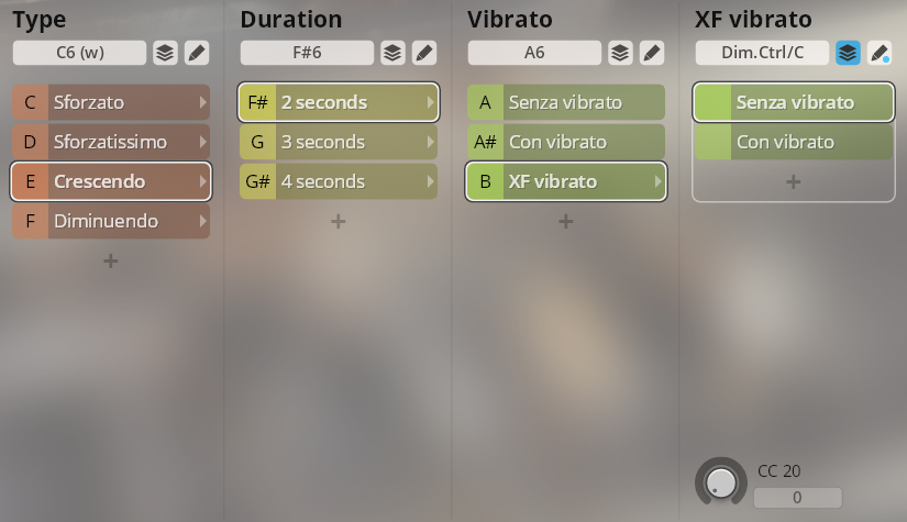 Screenshot of the Synchron Special Woodwinds plugin interface showing options for Type, Duration, Vibrato, and XF Vibrato, with Crescendo and XF vibrato selected.