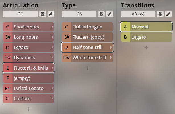 User interface displaying articulation, type, and transition options for musical instrument sounds, specifically showing Fluttert. & trills selected under Articulation.