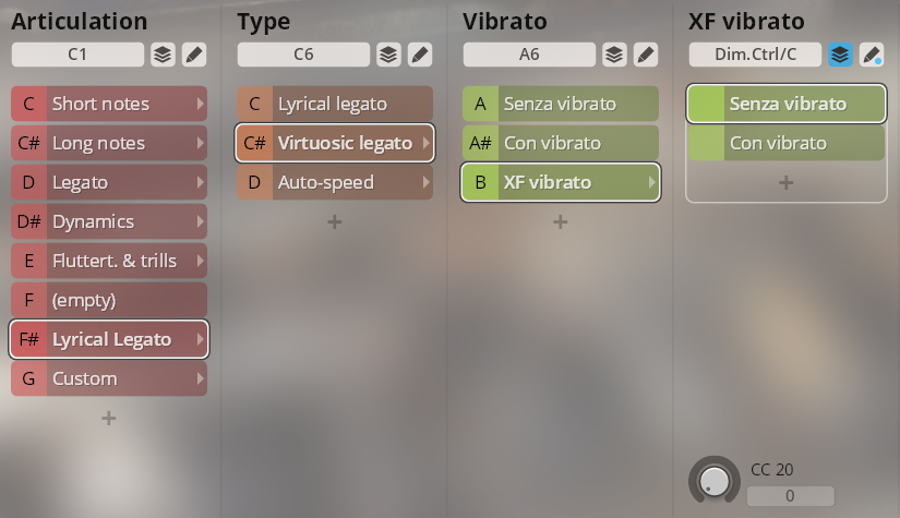 A user interface displaying software controls for musical articulation, type, and vibrato settings.