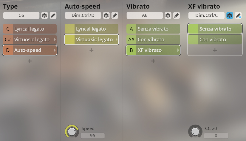 Graphic user interface for Synchron Special Woodwinds, showing settings for Type, Auto-speed, Vibrato, and XF vibrato, including options like Lyrical legato, Virtuosic legato, Senza vibrato, Con vibrato, and XF vibrato, with Speed and CC controls.