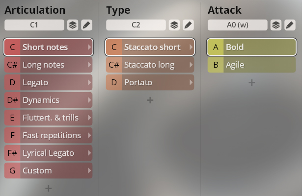 Software interface displaying sound library articulation, type, and attack options for Synchron Special Woodwinds, including short notes, staccato, legato, and dynamics.