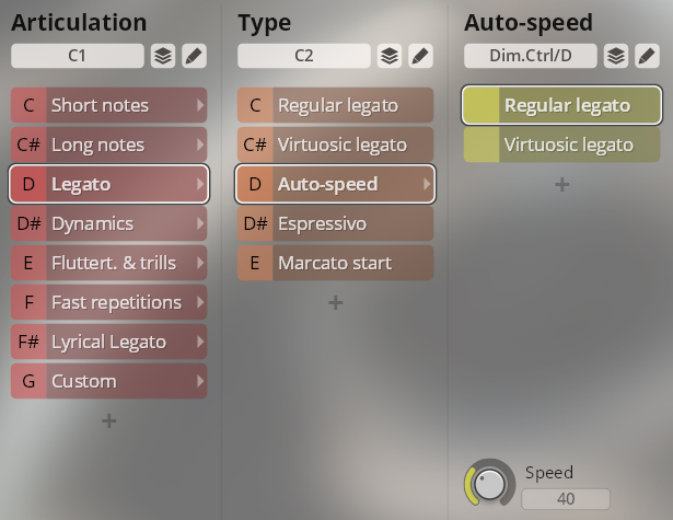 User interface showing articulation and type options for Synchron Special Woodwinds virtual instruments, including Legato, Auto-speed, and Speed control.